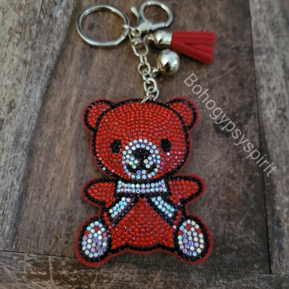 Bling Teddy Bear Crystal Rhinestone Keychain Bag Charm With Red Tassel - Picture 13 of 15